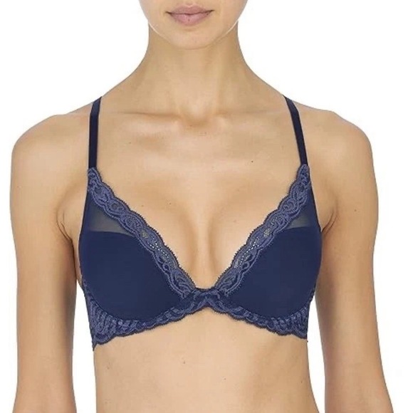 Natori Feathers 32DD Midnight Navy Lace Contour Underwire Plunge Bra 730023 - Picture 1 of 6